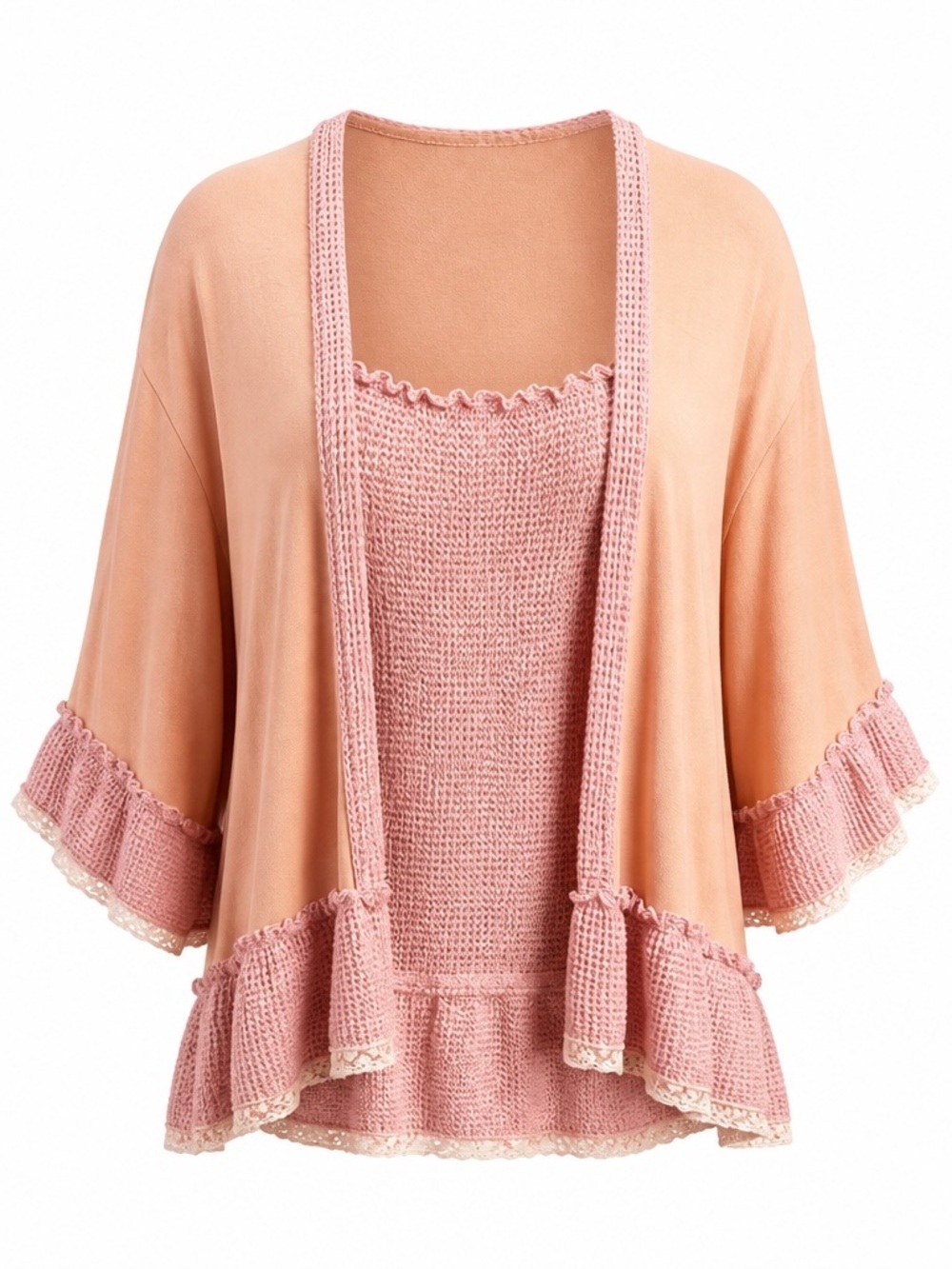 POL oversized Pink and orange knit cardigan with lace trim and ruffles, size L